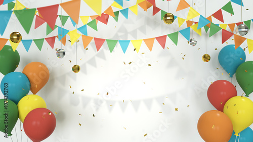 Colorful balloons and confetti for festive party background, 3d render