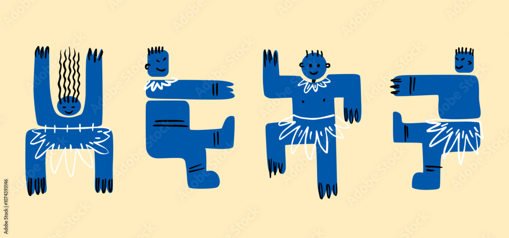Funny blue abstract men. Dancing geometric creatures. The natives. Vector illustration hand-drawn. Funny blue abstract men. Dancing geometric creatures. The natives. Vector illustration hand-drawn.