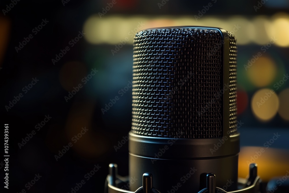 Studio microphone against black backdrop Studio microphone against black backdrop