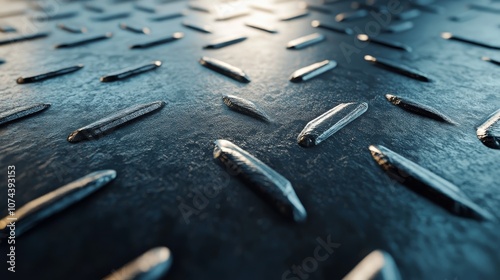 Close-up view of a 3D rendered diamond plate, brushed metal with fine grain, raised geometric diamonds casting soft shadows, subtle reflections photo