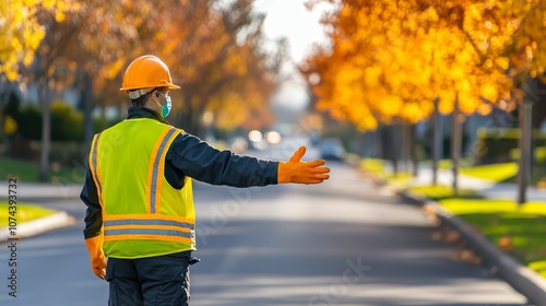 Construction worker in safety attire, demonstrating industrial protocols on a project site. photo