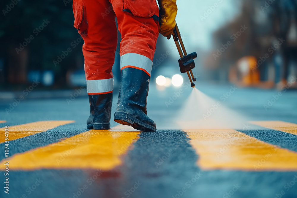 road worker using a spray gun to paint yellow crosswalk lines on an asphalt street road worker using a spray gun to paint yellow crosswalk lines on an asphalt street