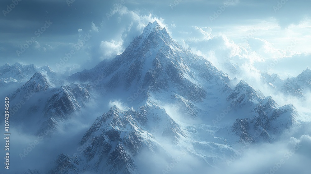 Obraz premium Majestic snow-covered mountain peak surrounded by clouds.