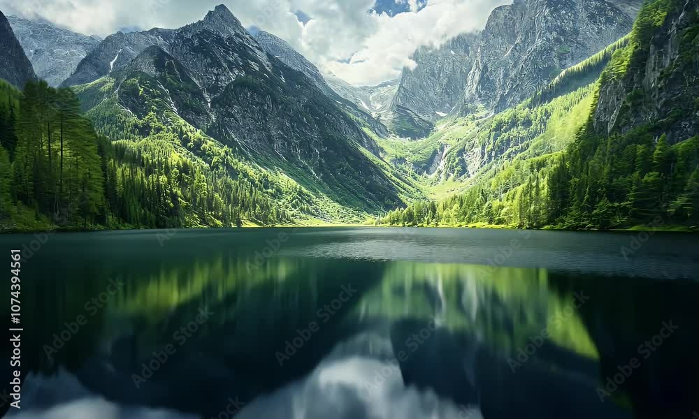 A serene mountain landscape reflecting in a tranquil lake under a cloudy sky. A serene mountain landscape reflecting in a tranquil lake under a cloudy sky.