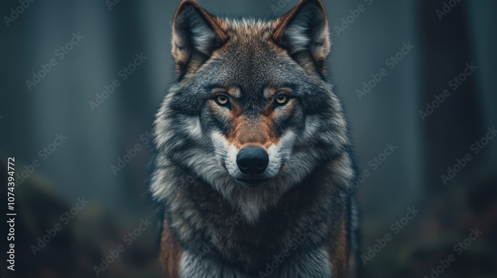 A gray wolf staring at the camera with sharp eyes in a forest full of fog and snow, clear fur details A gray wolf staring at the camera with sharp eyes in a forest full of fog and snow, clear fur details