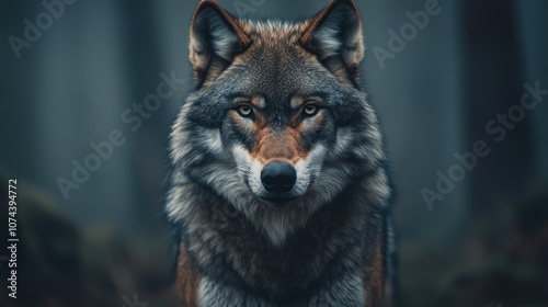 A gray wolf staring at the camera with sharp eyes in a forest full of fog and snow, clear fur details