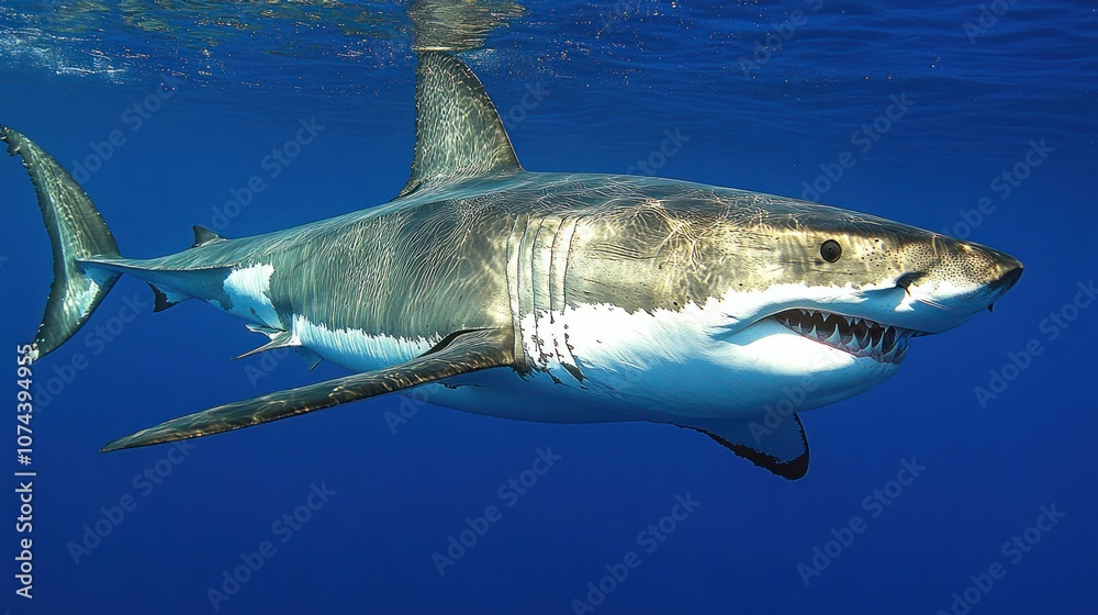 Fototapeta premium A great white shark swims in the deep sea, with a terrifying shadow showing power and ferocity.