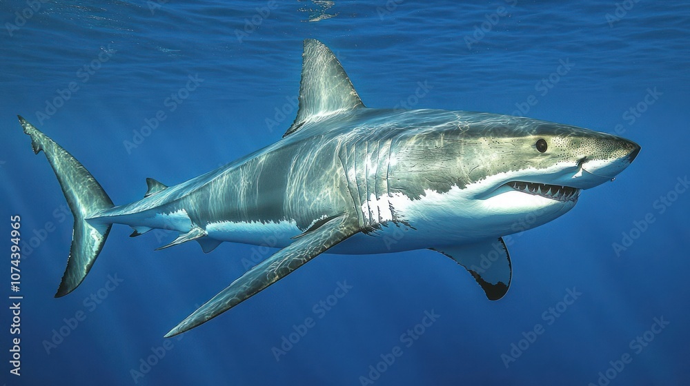 Fototapeta premium A great white shark swims in the deep sea, with a terrifying shadow showing power and ferocity.