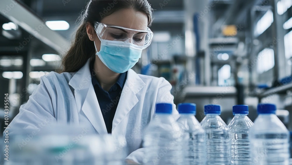 Female Factory Worker Inspecting Bottled Water