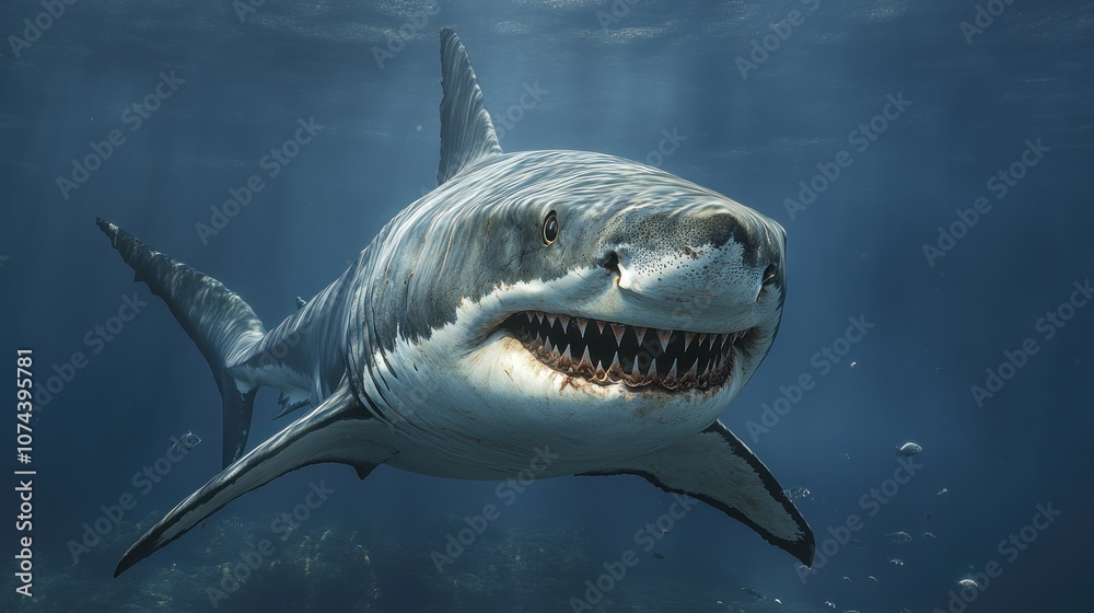 Naklejka premium A Megalodon shark in the deep sea Large and sharp-toothed, swimming in the deep sea, among small prehistoric fish.