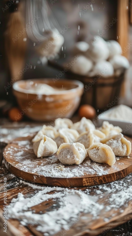 Homemade dumplings are neatly arranged on a floured wooden cutting board, surrounded by kitchen ingredients like eggs and flour, creating a cozy, rustic cooking atmosphere Homemade dumplings are neatly arranged on a floured wooden cutting board, surrounded by kitchen ingredients like eggs and flour, creating a cozy, rustic cooking atmosphere