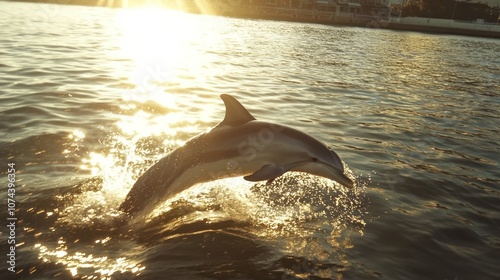 A school of two dolphins jumps out of the water in the middle of the ocean. The sunlight shines on the water surface, sparkling brightly. photo