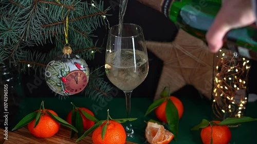 Pouring sparkling wine into wineglass on table with mandarins fir brunch and garland. Christmas concept