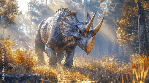 A Triceratops in the grasslands, walking gracefully, with three horns and a prominent mane, amidst the atmosphere of the ancient forest. photo