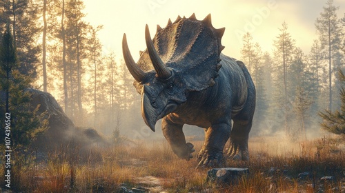 A Triceratops in the grasslands, walking gracefully, with three horns and a prominent mane, amidst the atmosphere of the ancient forest. photo