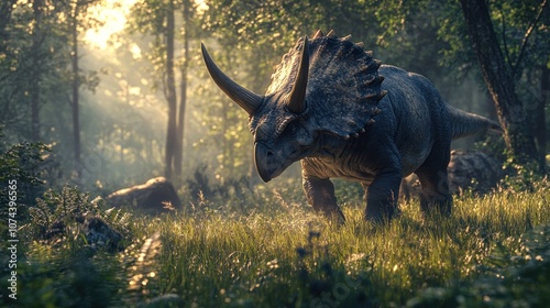 A Triceratops in the grasslands, walking gracefully, with three horns and a prominent mane, amidst the atmosphere of the ancient forest. photo