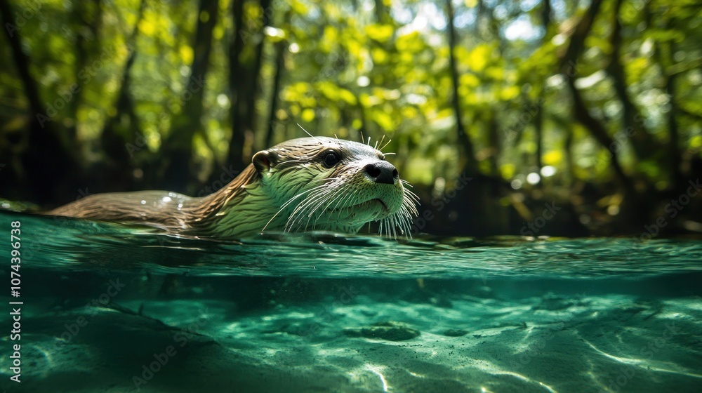 Fototapeta premium An otter wades in a forest river, swimming in clear water amidst dense forest, with only its own shadow reflected on the water's surface