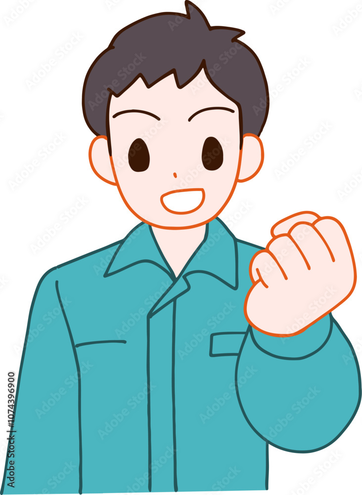 作業服を着たガッツポーズする笑顔のデフォルメ男性のイラスト 作業服を着たガッツポーズする笑顔のデフォルメ男性のイラスト