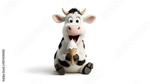 A cute cartoon cow eating ice cream from a cone, looking joyful, white background. Ultra-Realistic, Photo Realistic, highly detailed, 