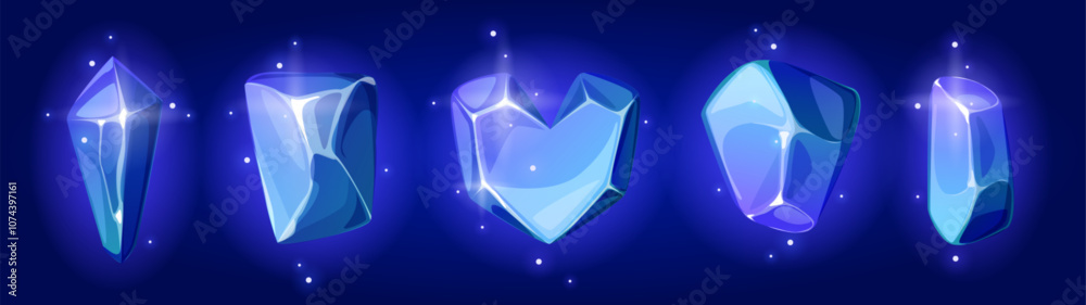 © klyaksun - Magical collection of glowing ice crystals in various geometric shapes. Transparent gem elements with mystical blue luminescence. Cartoon vector fantasy resource assets for RPG game interface design. © klyaksun - Magical collection of glowing ice crystals in various geometric shapes. Transparent gem elements with mystical blue luminescence. Cartoon vector fantasy resource assets for RPG game interface design.