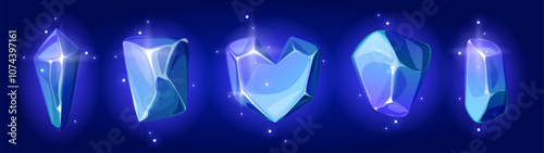 Magical collection of glowing ice crystals in various geometric shapes. Transparent gem elements with mystical blue luminescence. Cartoon vector fantasy resource assets for RPG game interface design.