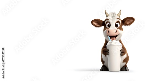 A funny cartoon cow drinking a large milkshake with a straw, looking delighted, white background. Ultra-Realistic, Photo Realistic, highly detailed, 