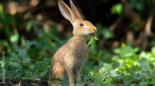 Bilongbill Rabbit, eating plants in the grass, long ears and long, slender nose, making it look strange