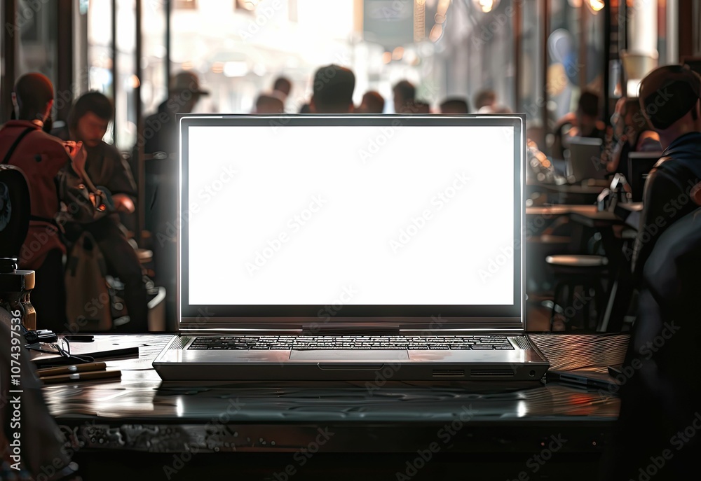 Laptop with blank screen in cafe. Laptop with blank screen in cafe.