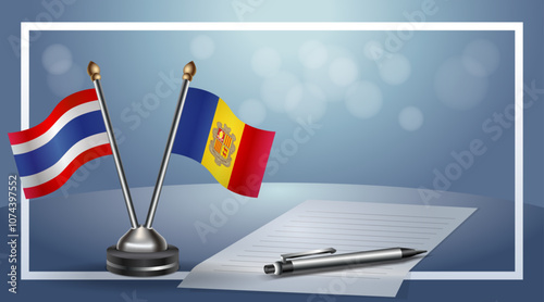 Thailand and Andorra Small national flag on bokeh background, cooperative relationship