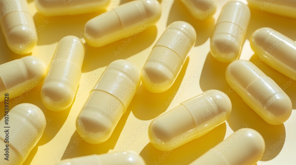 Yellow capsules scattered on a bright surface Yellow capsules scattered on a bright surface