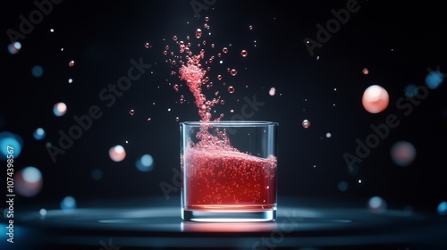 Bubbly red drink splashing in a glass with colorful background photo