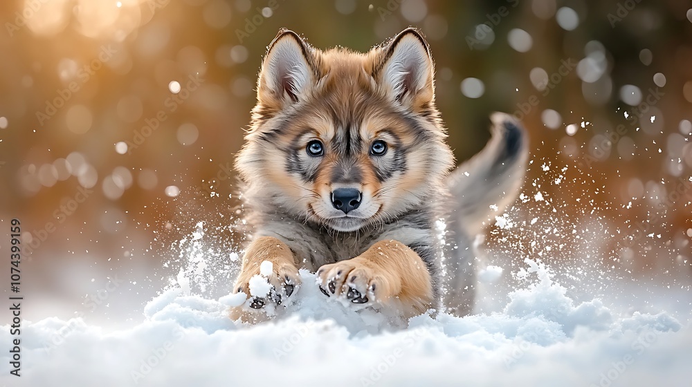A fluffy, gray wolf puppy with big, eager eyes romping joyfully in a field of freshly fallen snow, its tail wagging excitedly as it pounces and rolls in the powdery white blanket A fluffy, gray wolf puppy with big, eager eyes romping joyfully in a field of freshly fallen snow, its tail wagging excitedly as it pounces and rolls in the powdery white blanket
