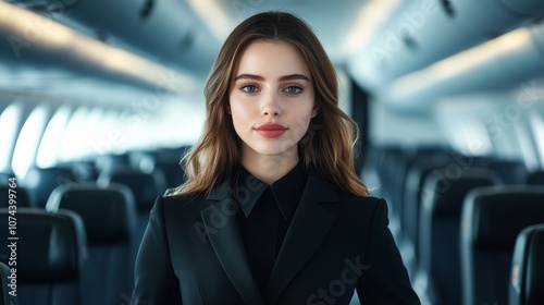 Confident flight attendant in a modern aircraft cabin