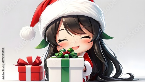 Adorable chibi anime girl in Santa hat holding Christmas present with joyful expression digital art illustration for festive holiday greeting cards and seasonal decorations