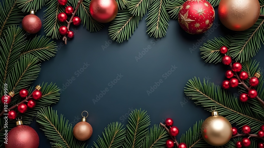 Christmas decorations on dark background, top view Christmas decorations on dark background, top view