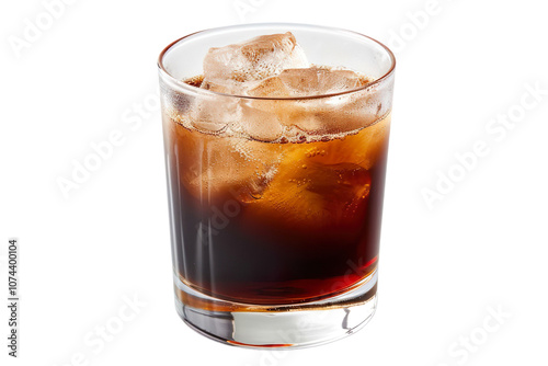 Glass of soda, iced coffee, espresso cocktail with ice cubes, isolated on transparent background