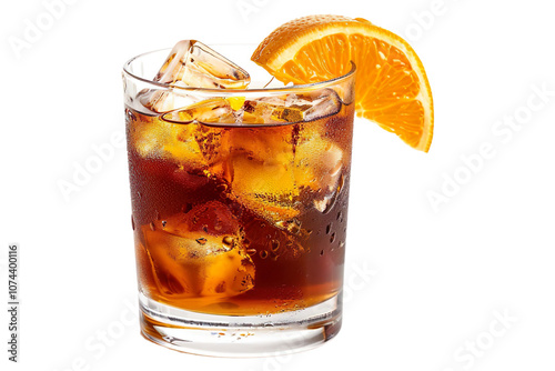 Glass of soda, iced coffee, espresso cocktail with ice cubes and orange, isolated on transparent background
