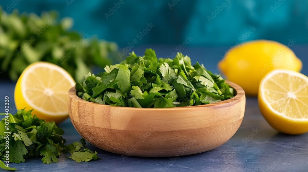 Vibrant fresh parsley and zesty lemon in a bowl, burst of flavor for culinary delights Vibrant fresh parsley and zesty lemon in a bowl, burst of flavor for culinary delights