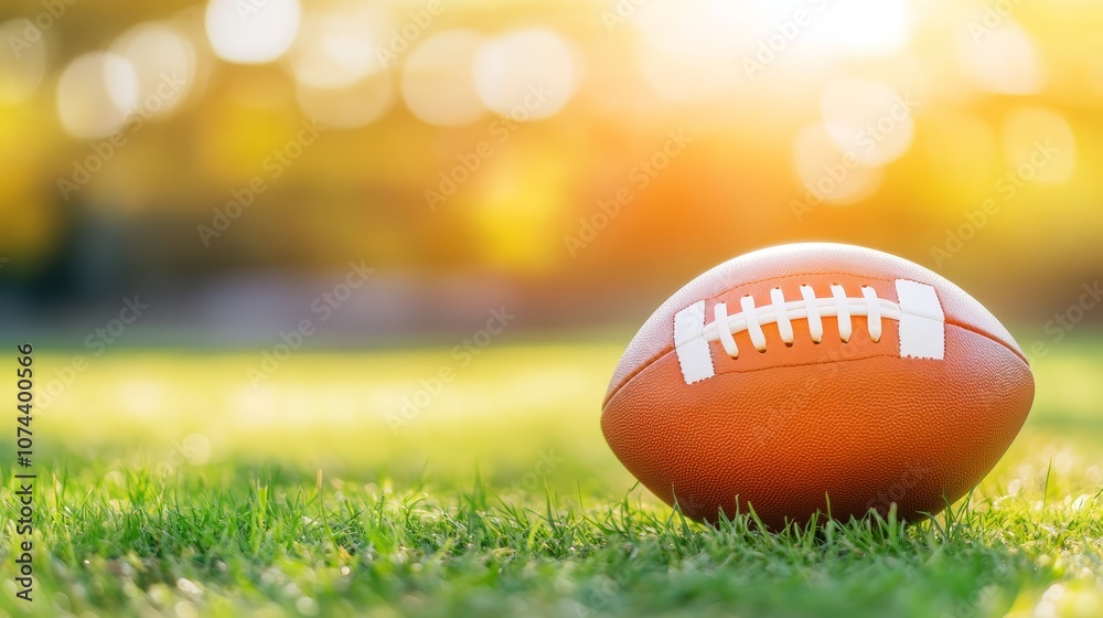 Vivid closeup of american football on vibrant green grass, perfect for sports, recreation, and athleticthemed projects Vivid closeup of american football on vibrant green grass, perfect for sports, recreation, and athleticthemed projects