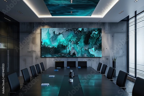 Modern office with teal abstract art and conference table.