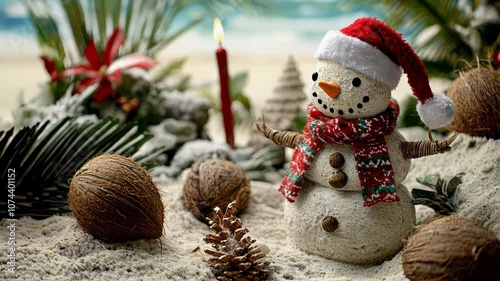 Creative a sandman instead of a snowman wearing a Santa hat and scarf on the beach, surrounded by tropical Christmas decorations like coconuts	