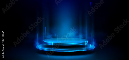 Neon light circular platform on black background. Futuristic display space with vertical beams rise from gleaming stage and misty smoke effect. High tech round podium or sci-fi teleportation pad.