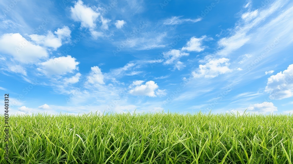 Vast expansive field of green grass under a clear, vibrant blue sky picturesque nature landscape