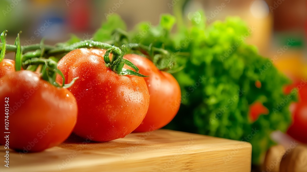 Juicy red tomatoes sliced on rustic wooden cutting board, a fresh ingredient for healthy meals Juicy red tomatoes sliced on rustic wooden cutting board, a fresh ingredient for healthy meals