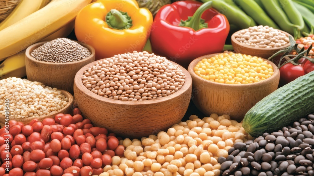 Vibrant still life of fresh beans, colorful peppers, and assorted vegetables, a colorful culinary display Vibrant still life of fresh beans, colorful peppers, and assorted vegetables, a colorful culinary display