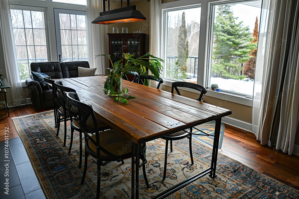 Rustic dining table with chairs, rug, and plants. Rustic dining table with chairs, rug, and plants.
