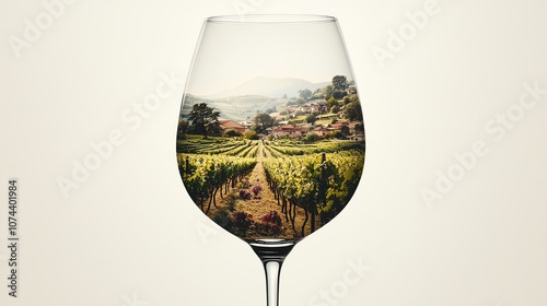 Explore the scenic vineyards captured within a wine glass