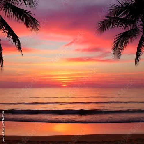A vibrant sunset over a calm beach, with orange, pink, and purple hues in the sky. Gentle waves lap against golden sand, and palm tree silhouettes frame the horizon, reflecting royal colors in sea photo