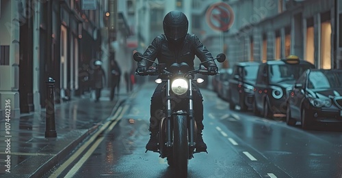 Motorcyclist in black riding on wet street.