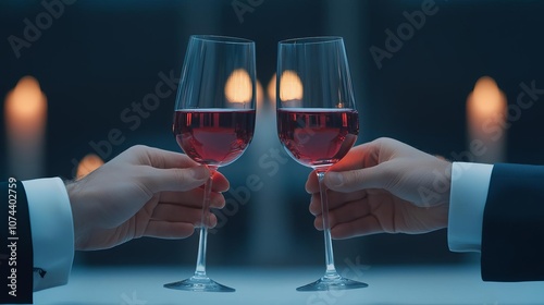 Two hands clinking glasses of red wine in a romantic candlelit setting.